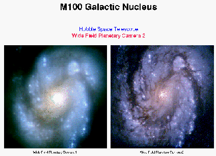 HST-Bild von M100 vor und nach der optischen Korrektur des Teleskops.